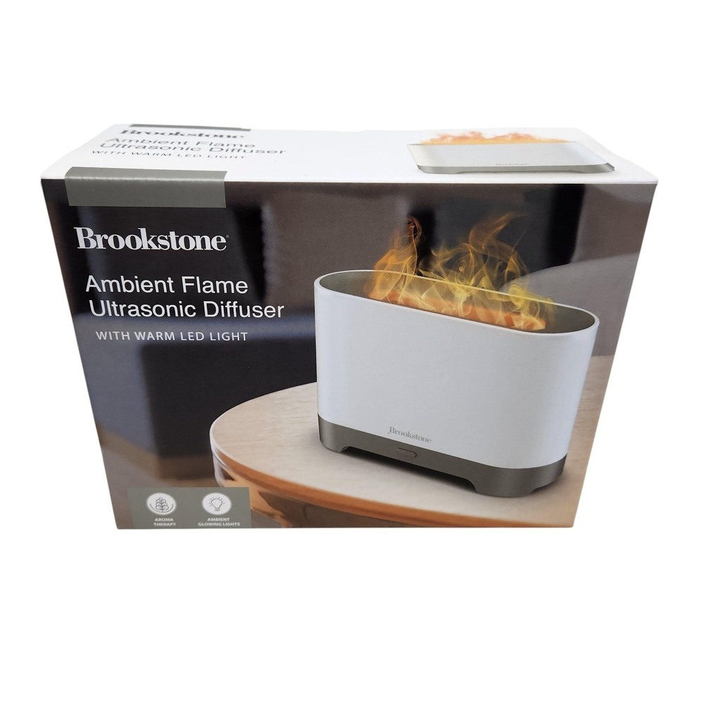 Brookstone Ambient Flame Ultrasonic Diffuser Oil Warm LED Light USB White Small